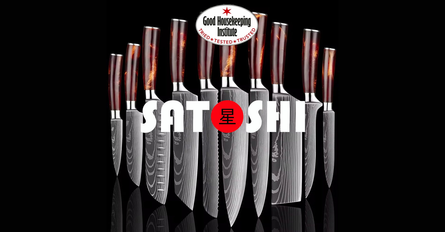 Satoshi 10pc Osaka Japanese Knife Set - High Carbon Steel - Ergonomic Amber Resin Handle