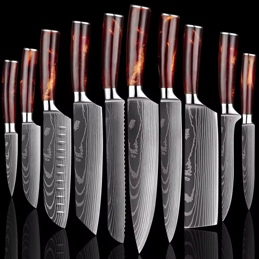 Satoshi 10pc Osaka Japanese Knife Set - High Carbon Steel - Ergonomic Amber Resin Handle