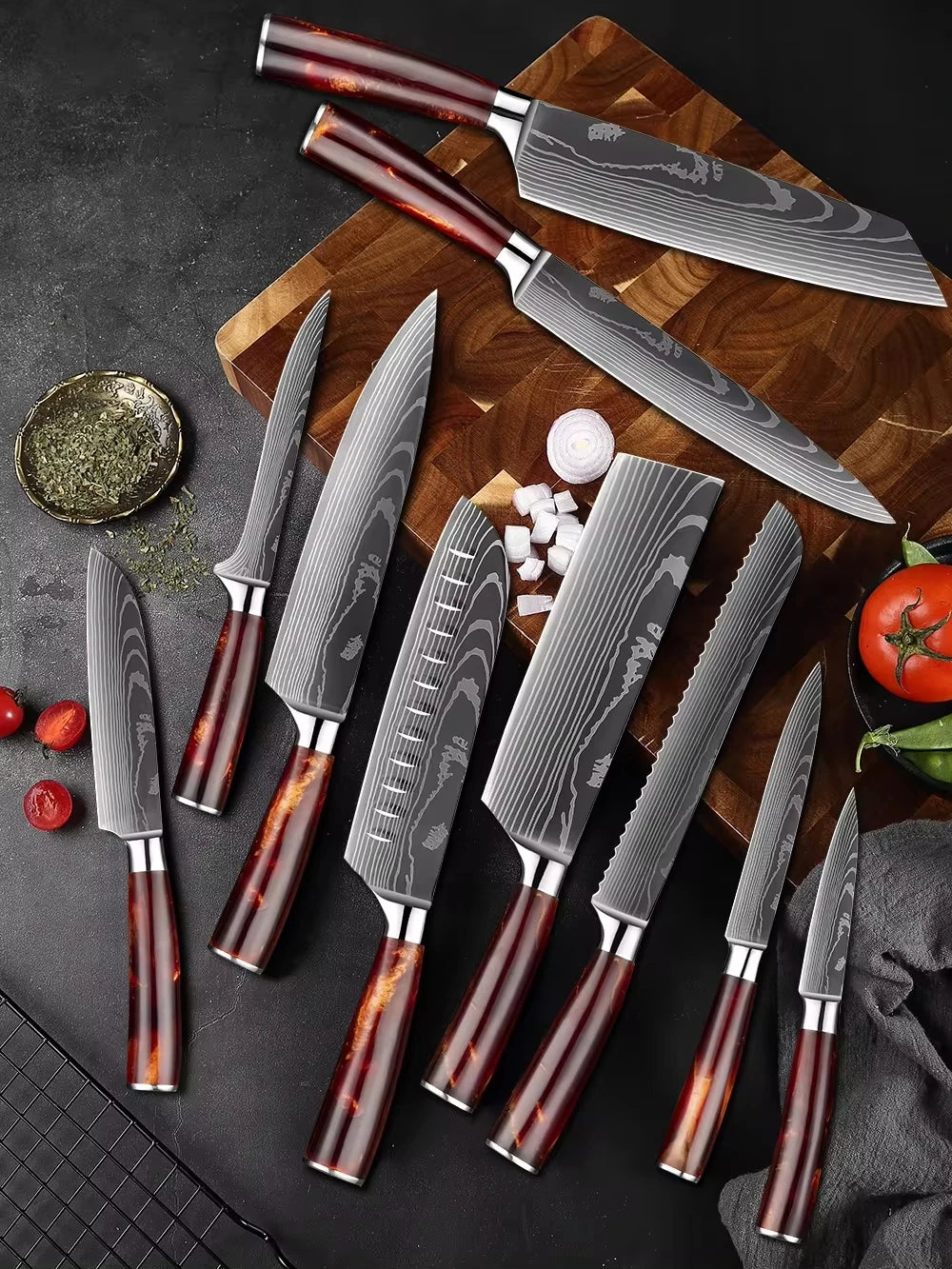 Satoshi 10pc Osaka Japanese Knife Set - High Carbon Steel - Ergonomic Amber Resin Handle