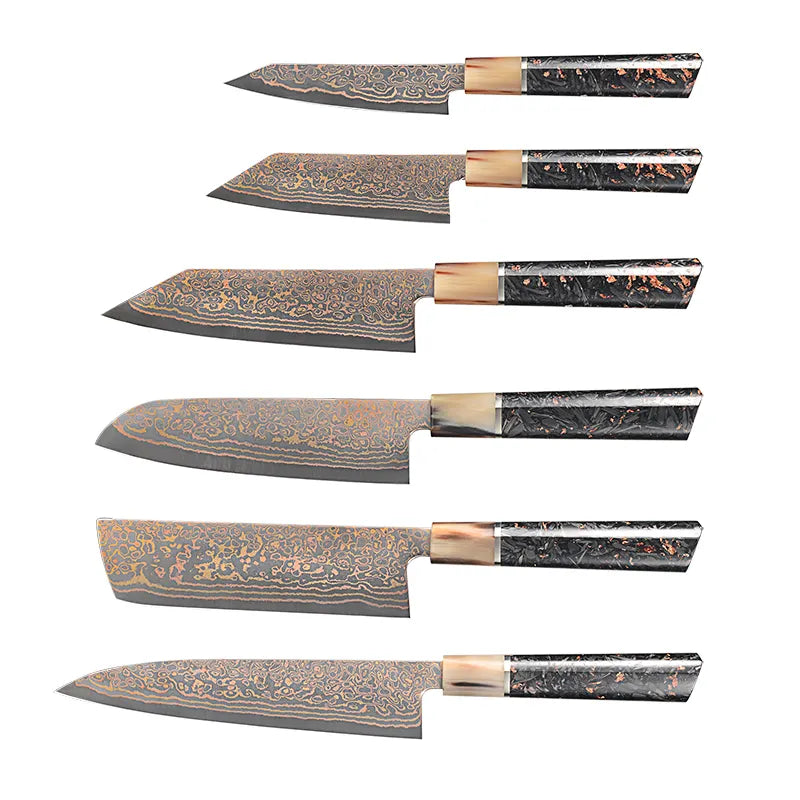 Satoshi Luxury Knife Set - Japanese VG-10 Core Steel, Copper and Damascus Steel Lined with Rare Mix Element Handle