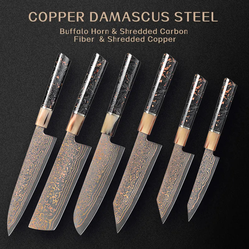 Satoshi Luxury Knife Set - Japanese VG-10 Core Steel, Copper and Damascus Steel Lined with Rare Mix Element Handle