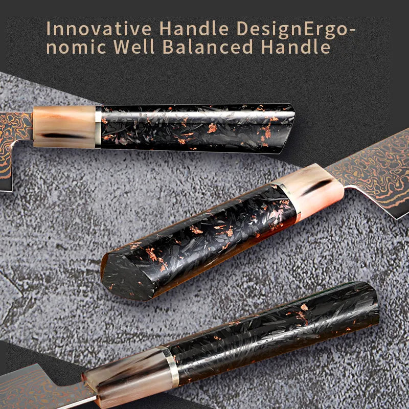 Satoshi Luxury Knife Set - Japanese VG-10 Core Steel, Copper and Damascus Steel Lined with Rare Mix Element Handle