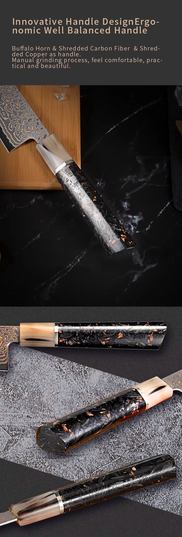 Satoshi Luxury Knife Set - Japanese VG-10 Core Steel, Copper and Damascus Steel Lined with Rare Mix Element Handle