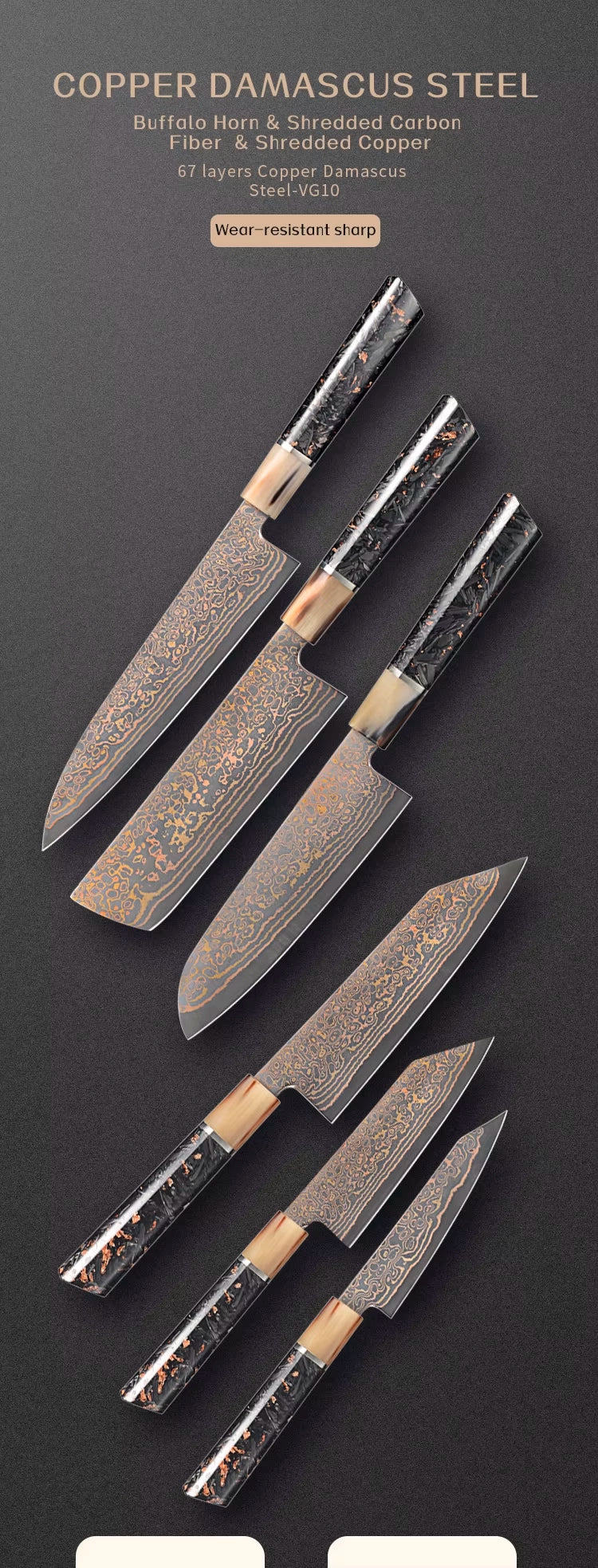 Satoshi Luxury Knife Set - Japanese VG-10 Core Steel, Copper and Damascus Steel Lined with Rare Mix Element Handle